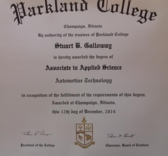 degree from Parkland College in automotive technology with a motorsports specialization